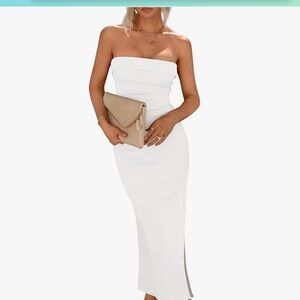 Bodycon Maxi Tube Dress Ribbed Strapless Side Slit white